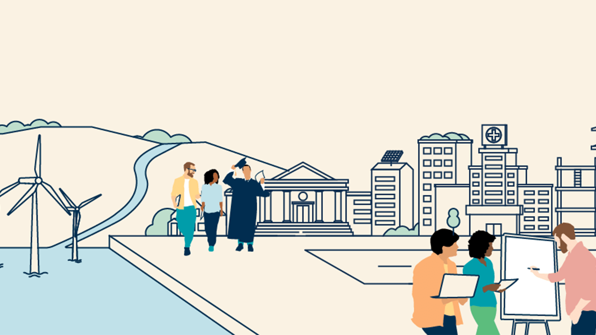 A graphic with groups of people walking, in a city