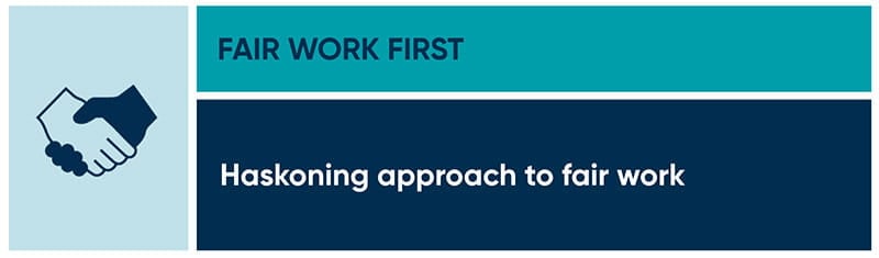 A banner in various shades of blue with an icon of two hands shaking, representing Haskoning's approach to fair work