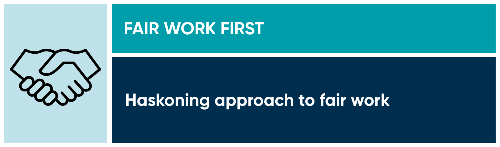 A banner in various shades of blue with an icon of two hands shaking, representing Haskoning's approach to fair work