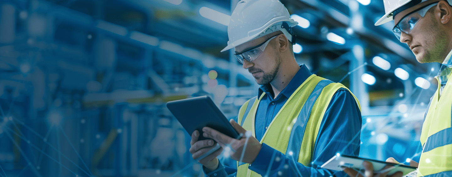 Two men looking at a tablet in an industrial factory