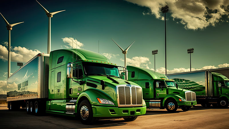 Trucks parked with wind turbines in the background