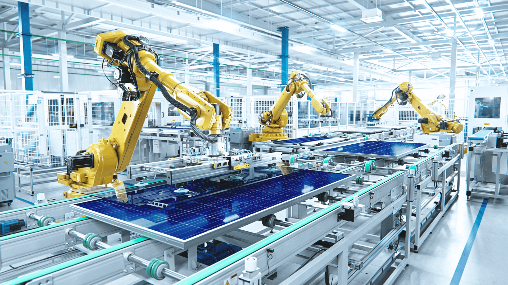 Robots in a factory on a manufacturing line