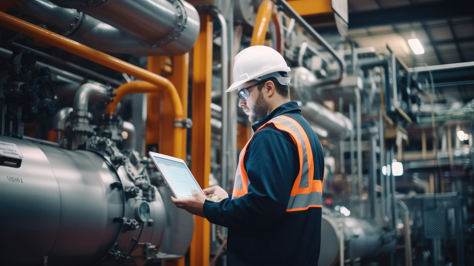 An engineer reviews a manufacturing simulation model in a plant
