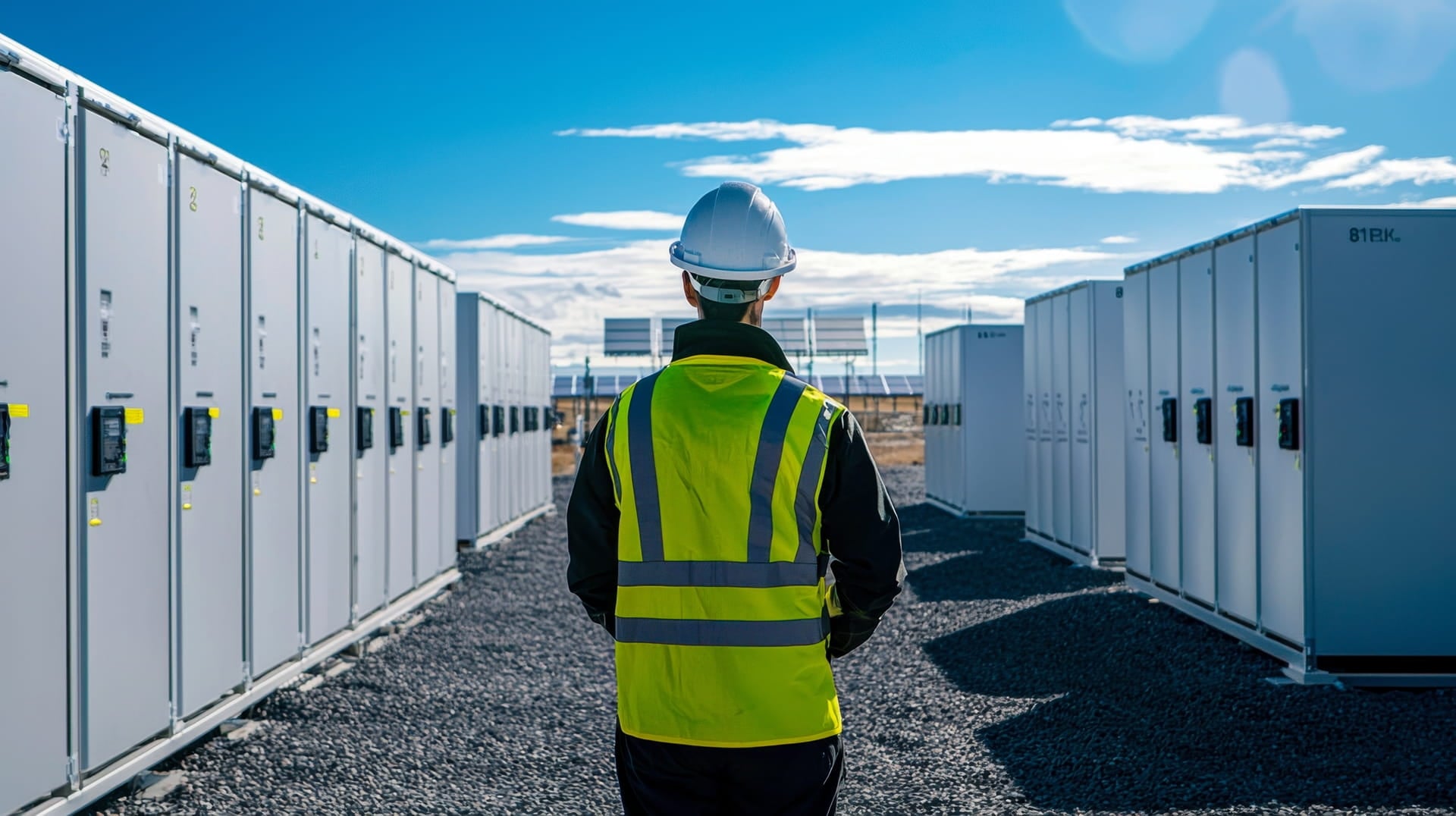 A person with safety gear standing between energy storage units