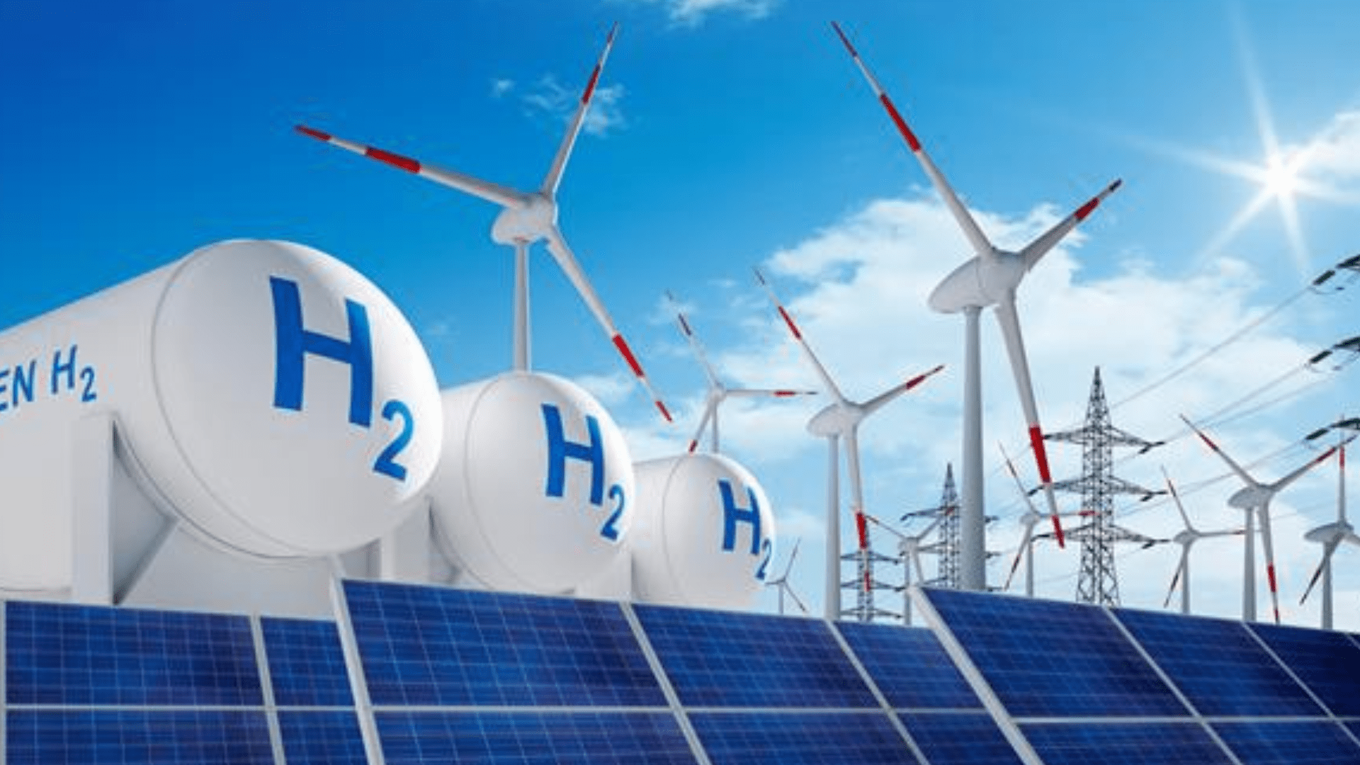 Solar panels and wind turbines in front of a power plant