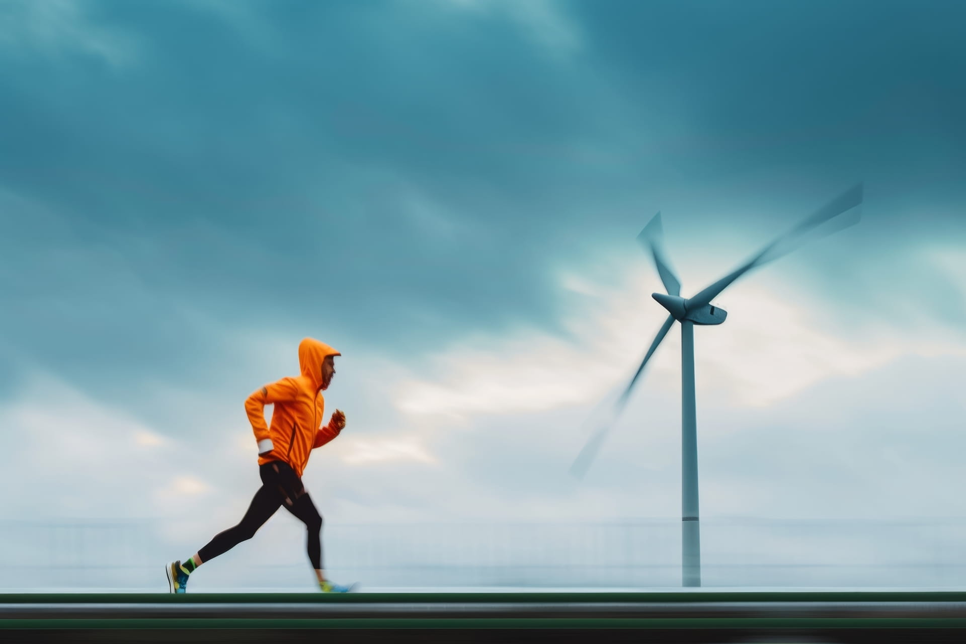 Runner by a wind turbine