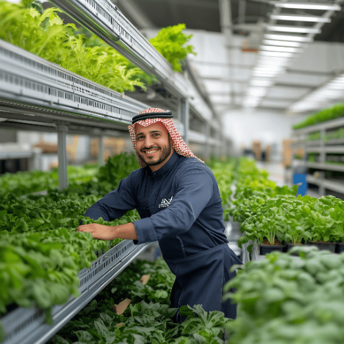 a man leaning on plants in a green factory showcasing sustainable manufacturing