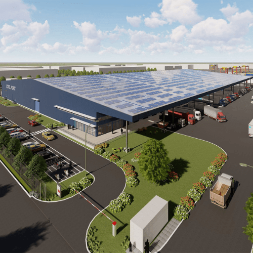 Green factory, Sustainable manufacturing, aerial shot of future factory 