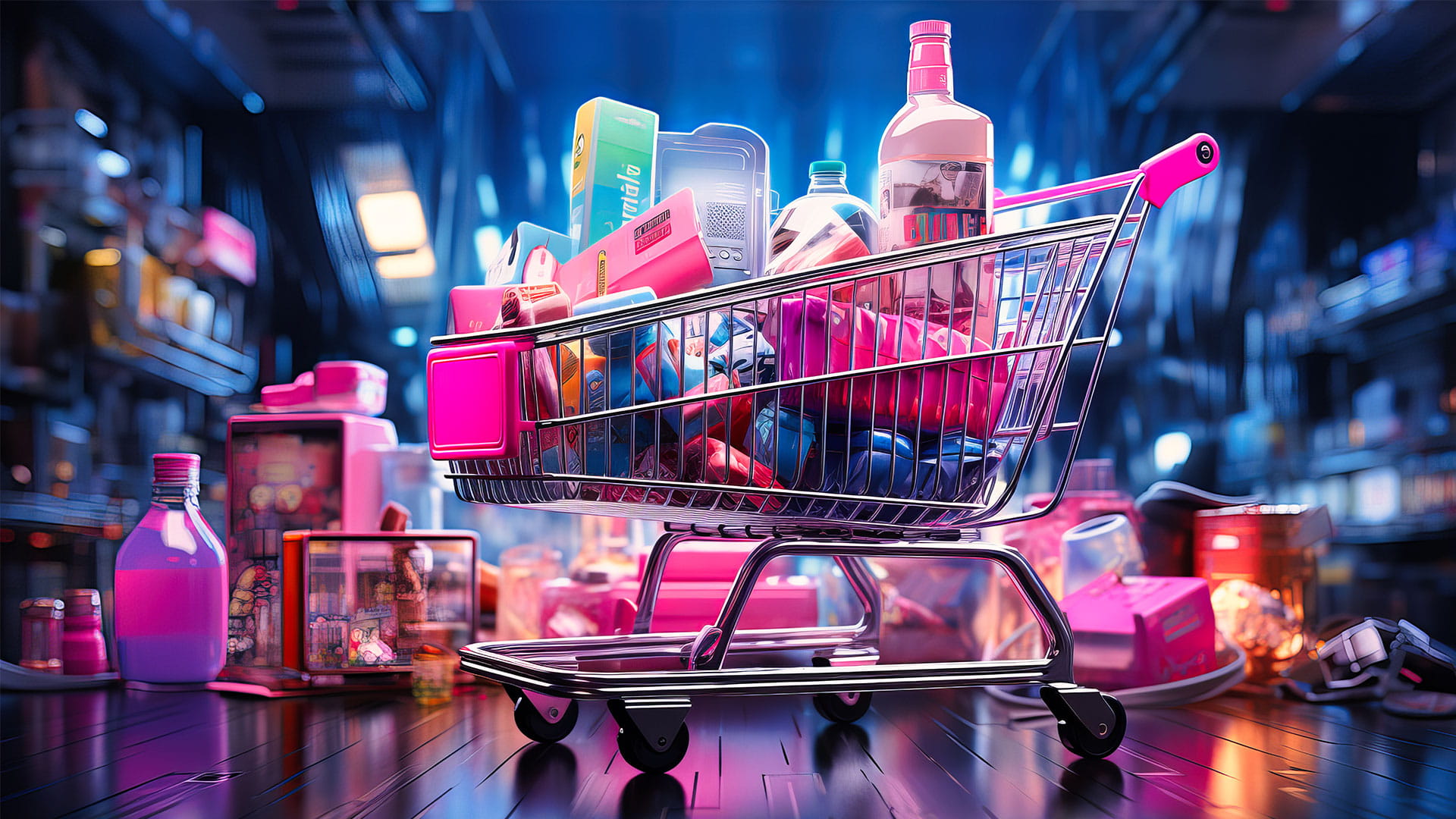 Shopping cart filled with FMCG products, showcasing consumer services dynamics within the retail and ecommerce industry