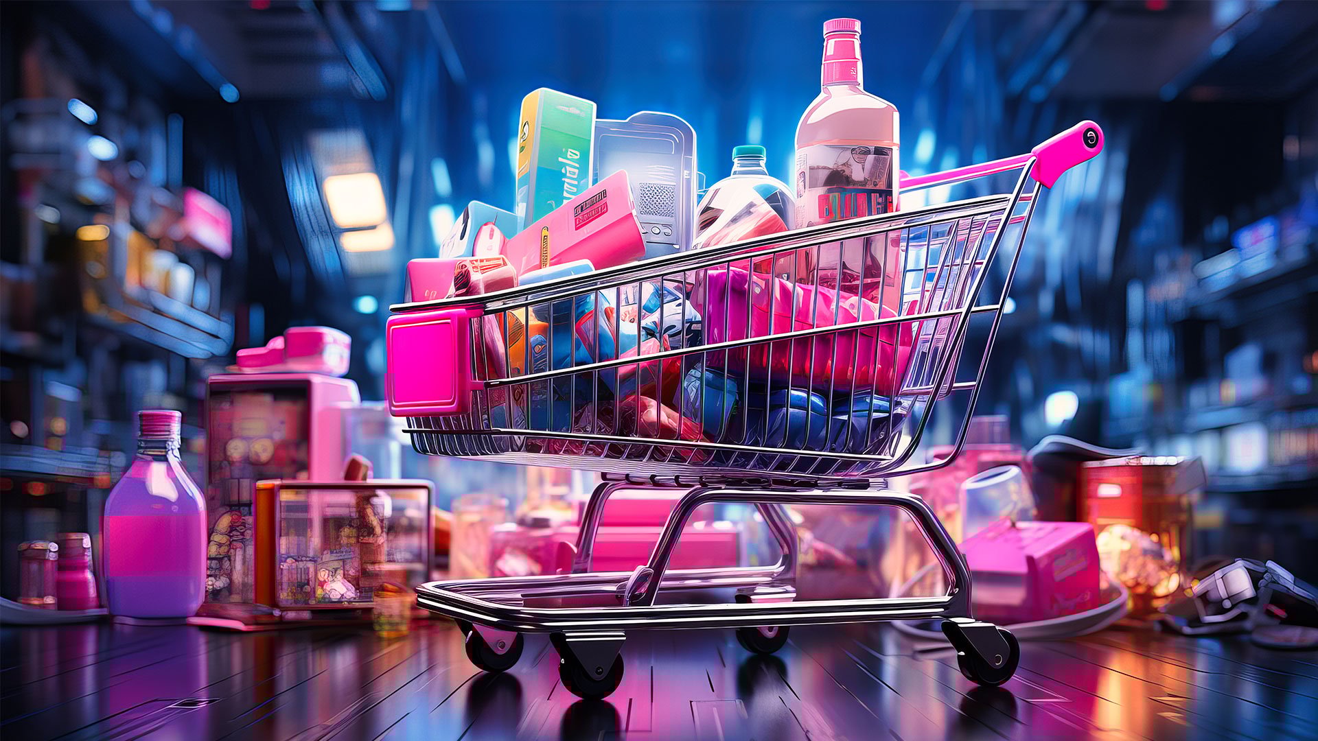 Shopping cart filled with FMCG products, showcasing consumer services dynamics within the retail and ecommerce industry