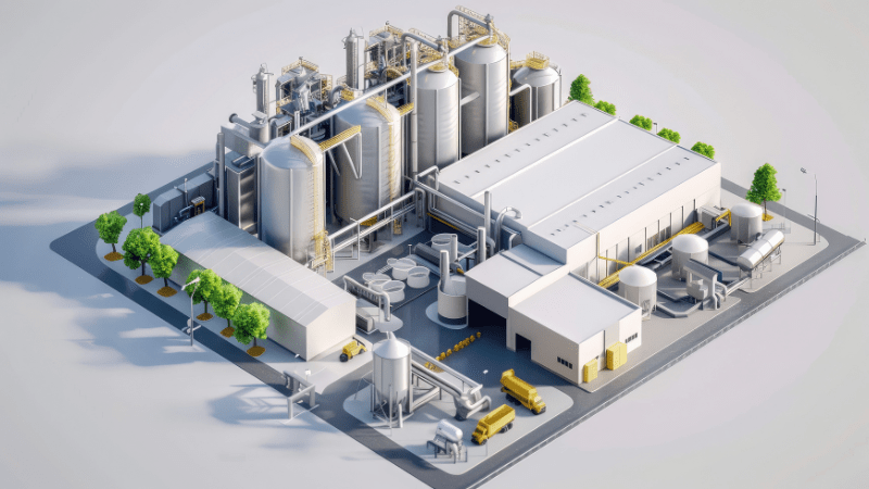 D model of an automated industrial facility with highlighted workflows and equipment zones, illustrating space optimisation and digital integration.