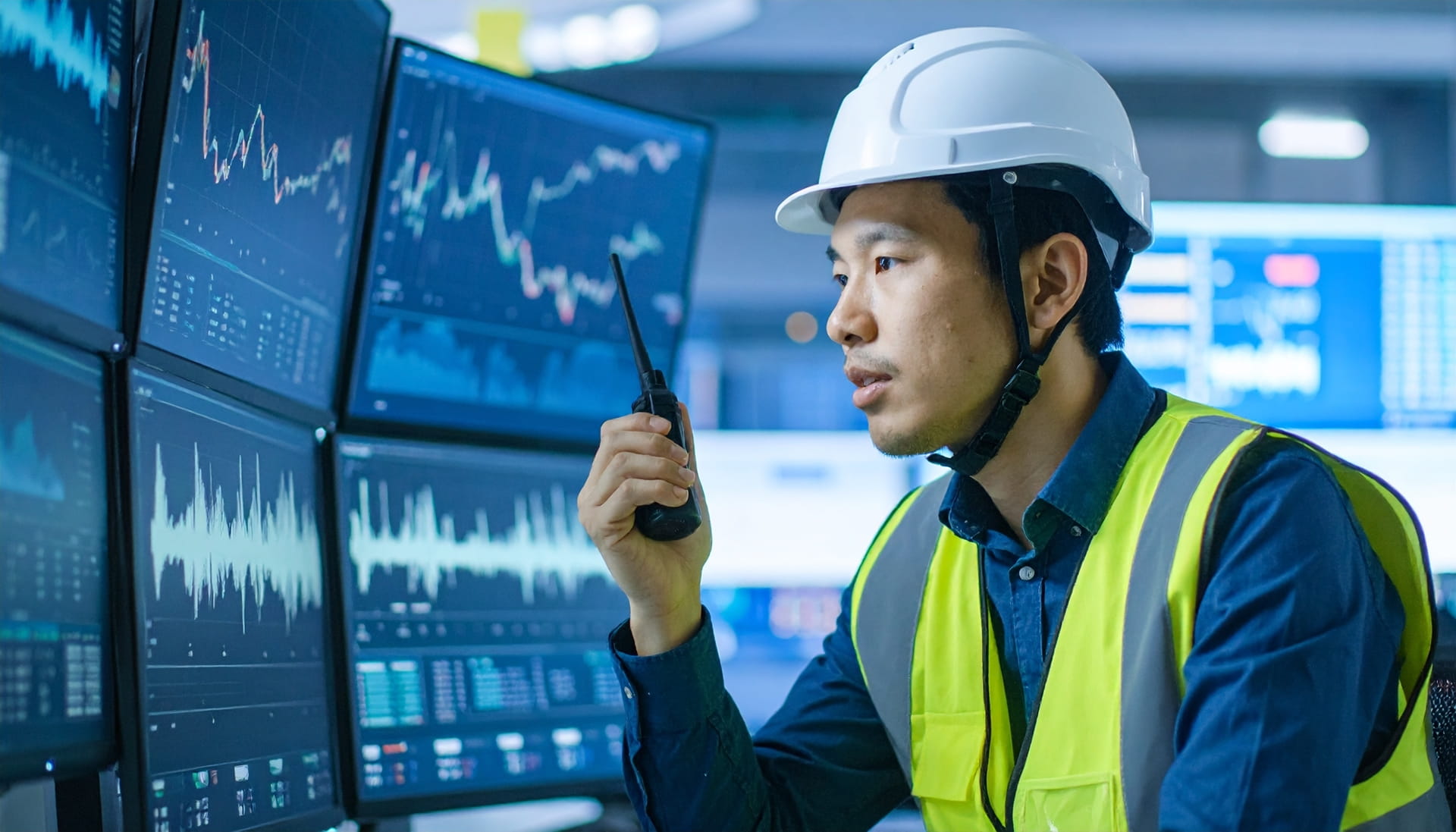 Industrial engineer using digital twin and IoT data to enable predictive maintenance of equipment.