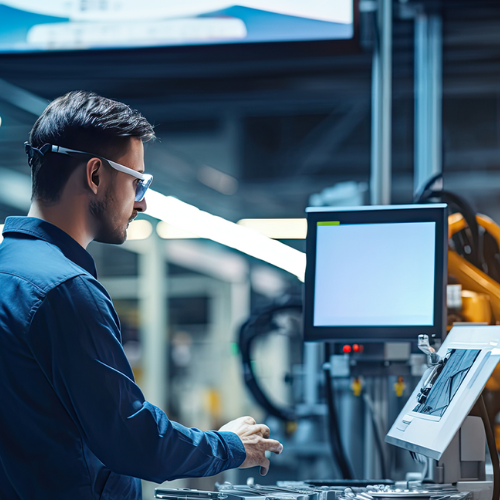 An industrial engineer in a futuristic factory works on supply chain logistics and applies industrial manufacturing services.