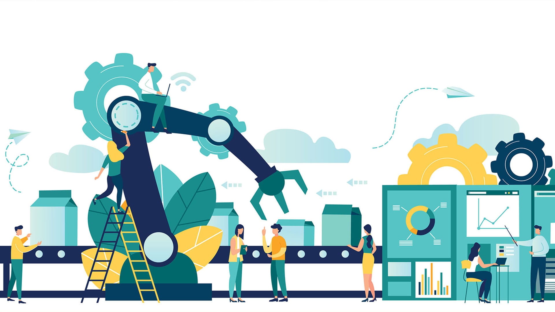 Cartoon of people engaging into engineering activities