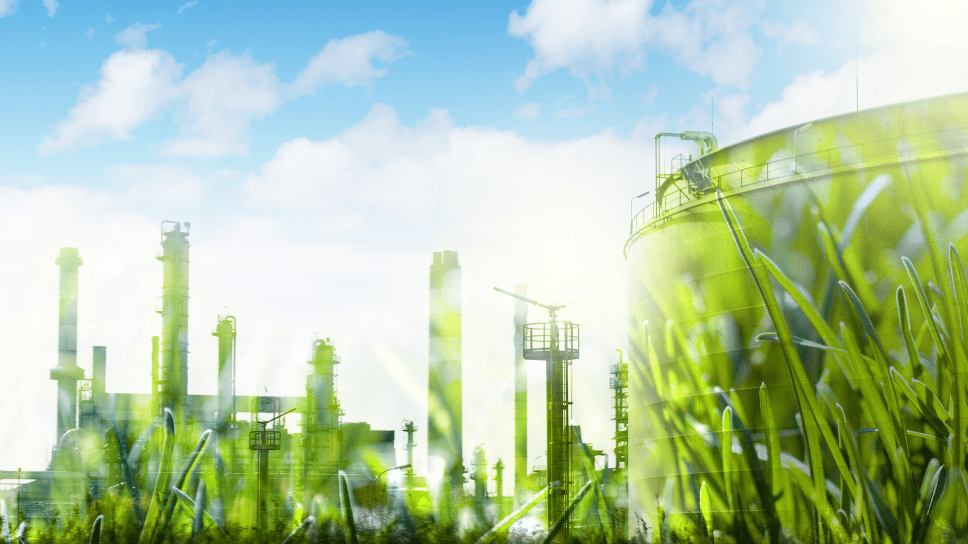 A manufacturing field sits in the background of a green field