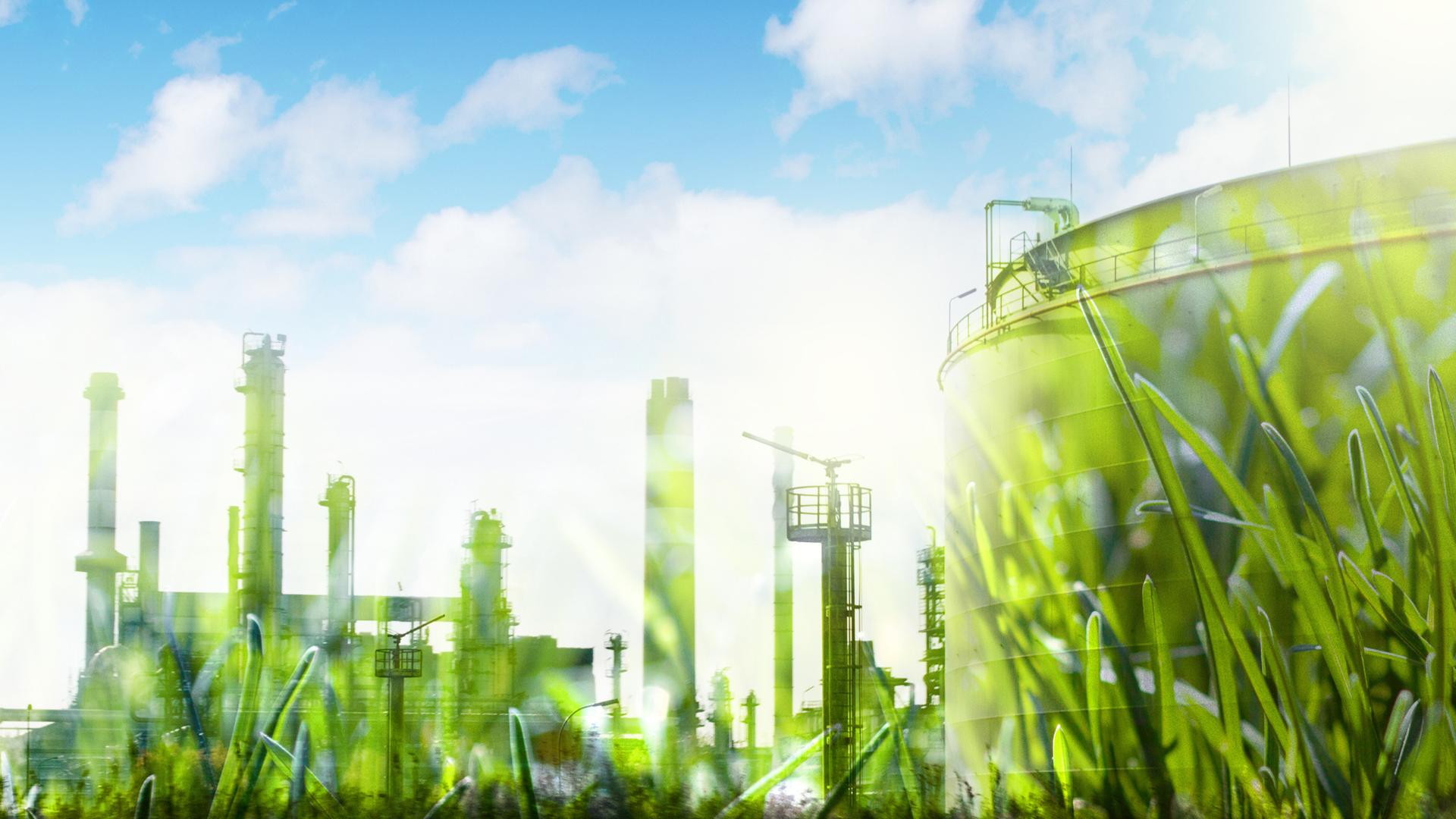 A manufacturing field sits in the background of a green field
