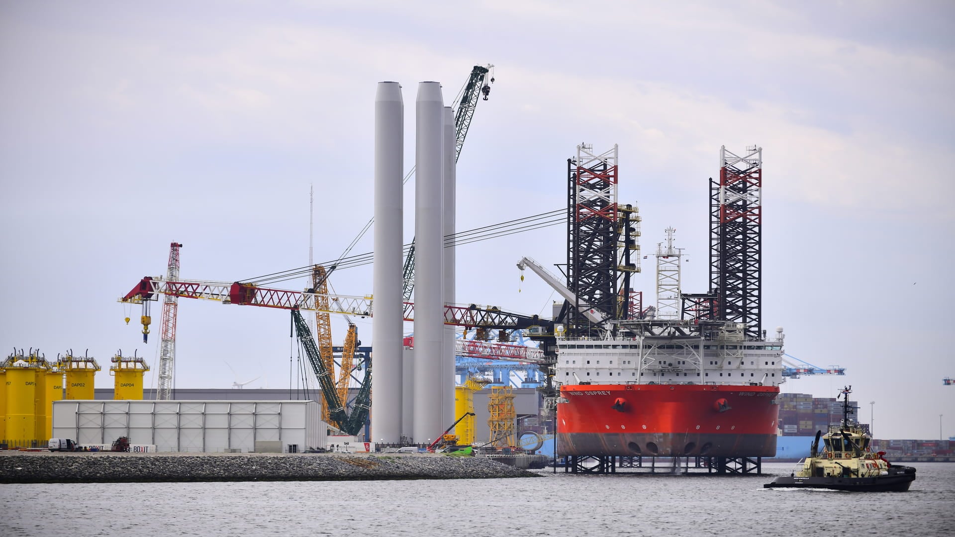 Pillars of the offshore wind loaded on the ship in the port