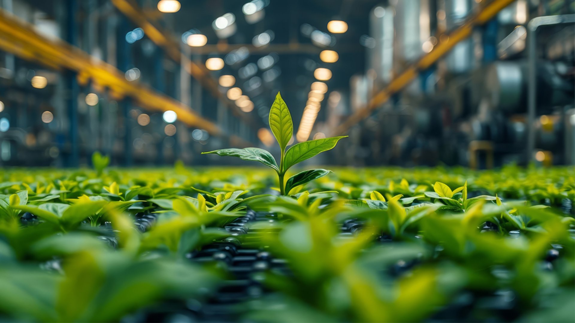 green in energy-efficient factory with sustainable supply chains.