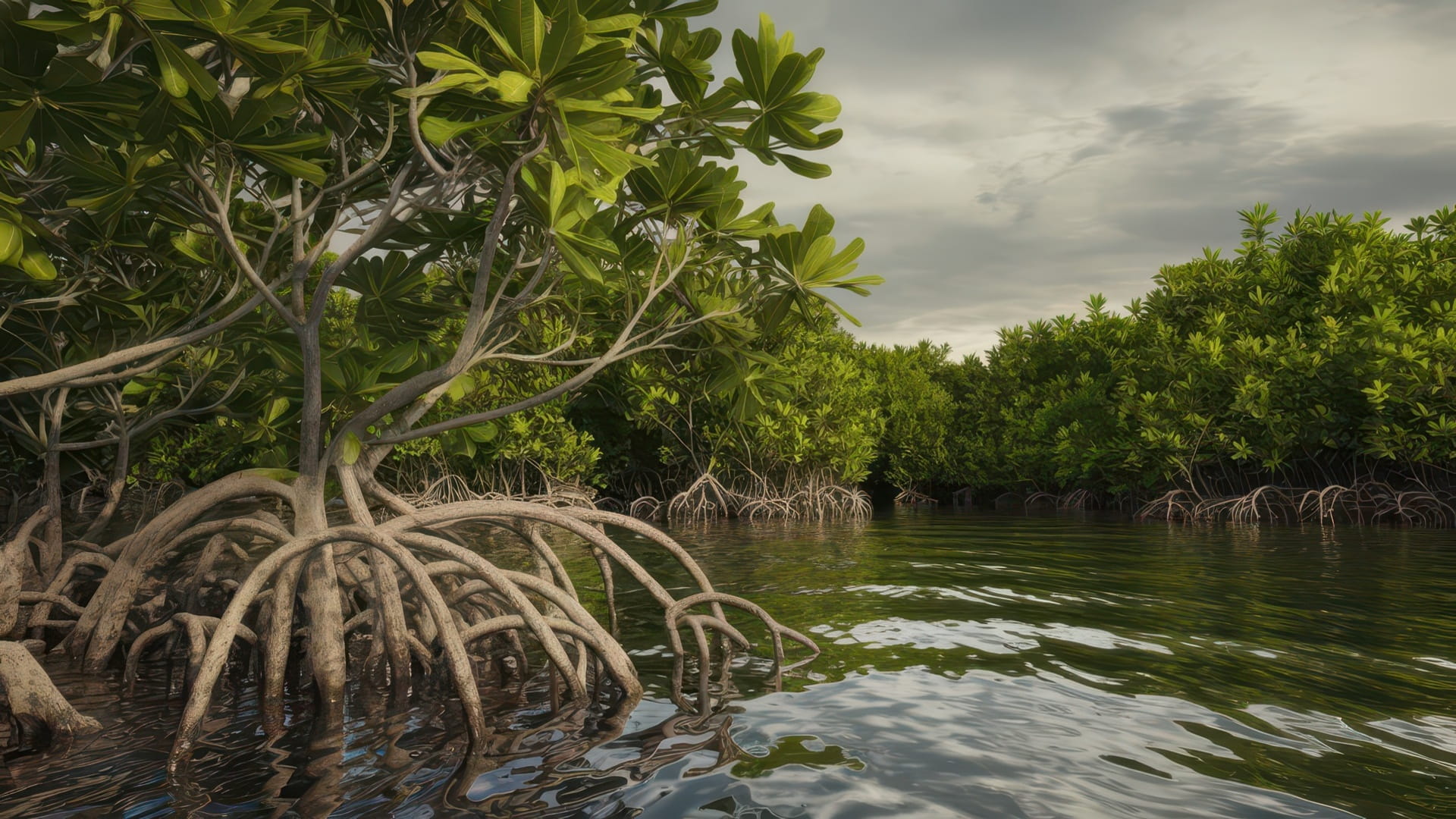 Mangrove trees thrive in water on a cloudy day, their roots partially submerged and leaves vibrant against the gray backdrop.