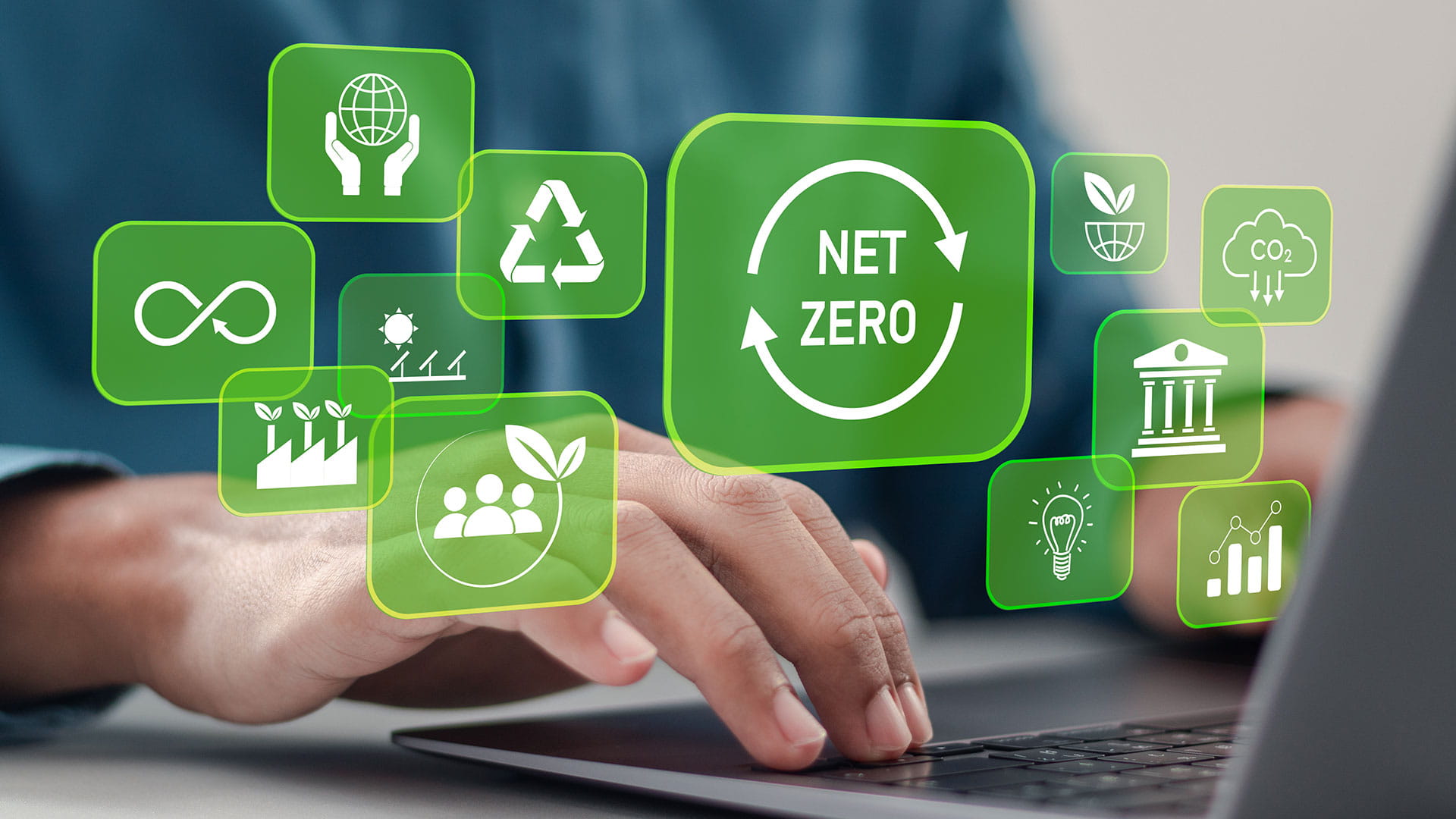 Businessman analyse sustainability investment with icons and Green chart