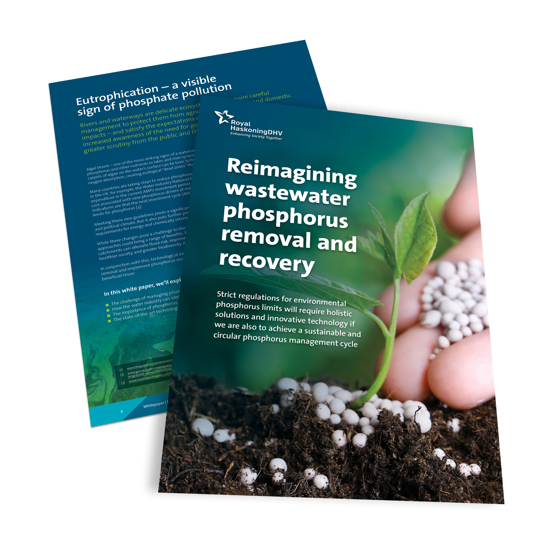 The cover of the white paper called Reimagining wastewater phosphorus removal and recovery offered by Haskoning