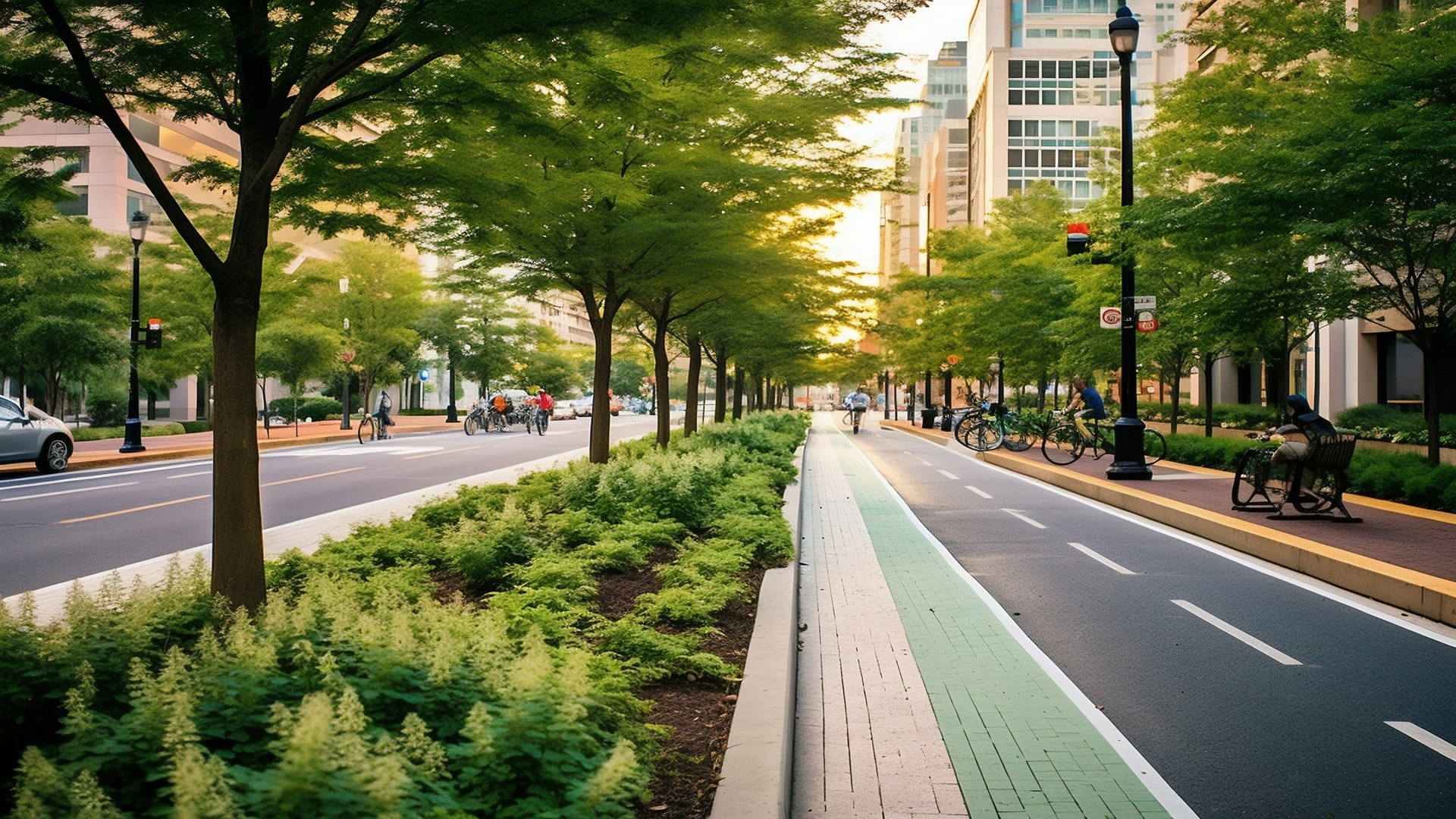 Sustainable City Street Infrastructure with Bike Lanes and Green Spaces