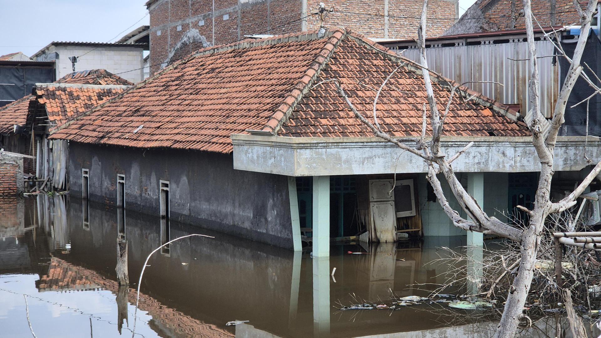 Flooded residential area with a red-roofed house partially submerged, water reaching the windows. Debris floats nearby, and a leafless tree stands in the foreground. Other buildings in the background are also affected