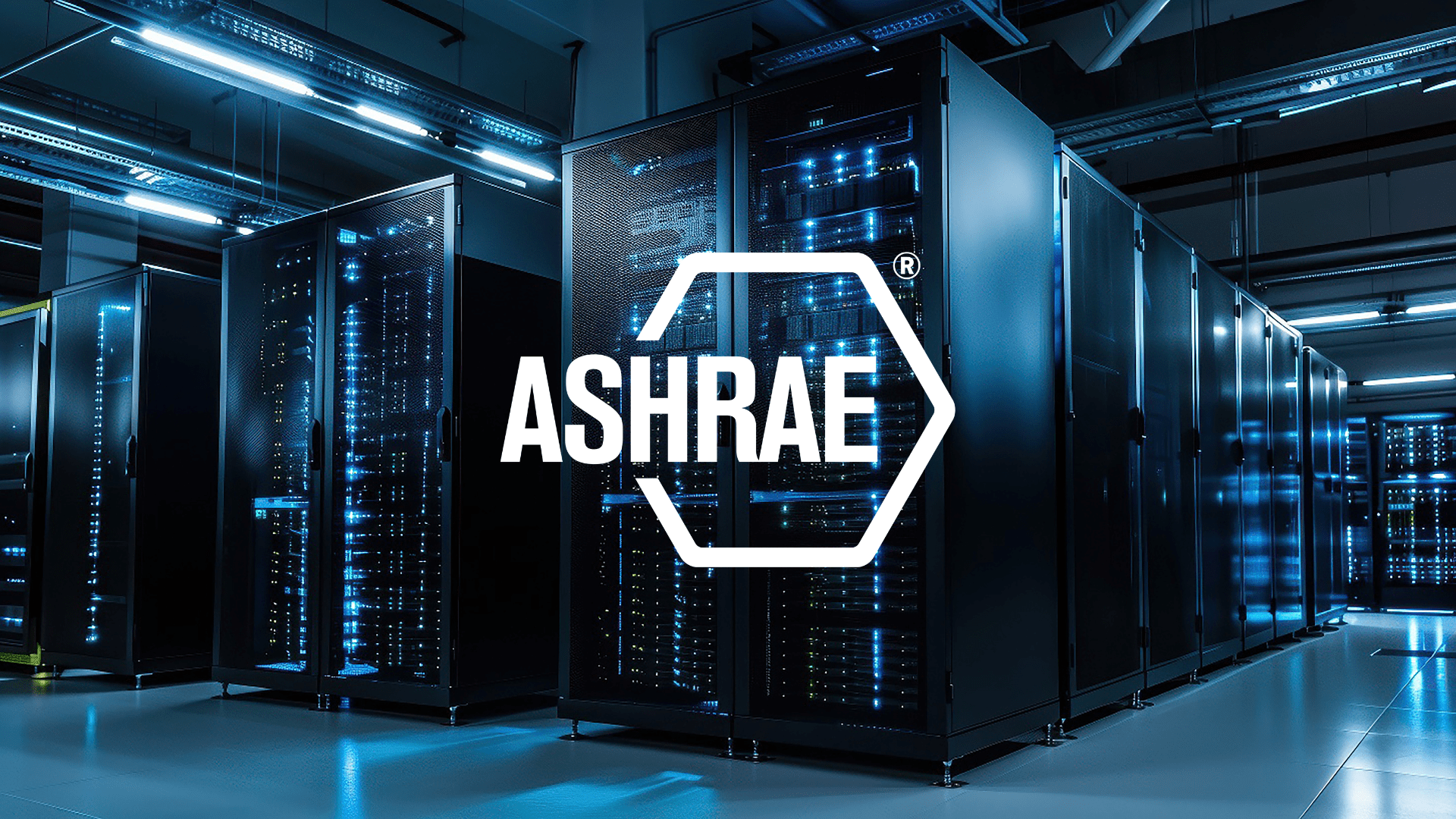 ASHRAE logo with a data centre on the background of it