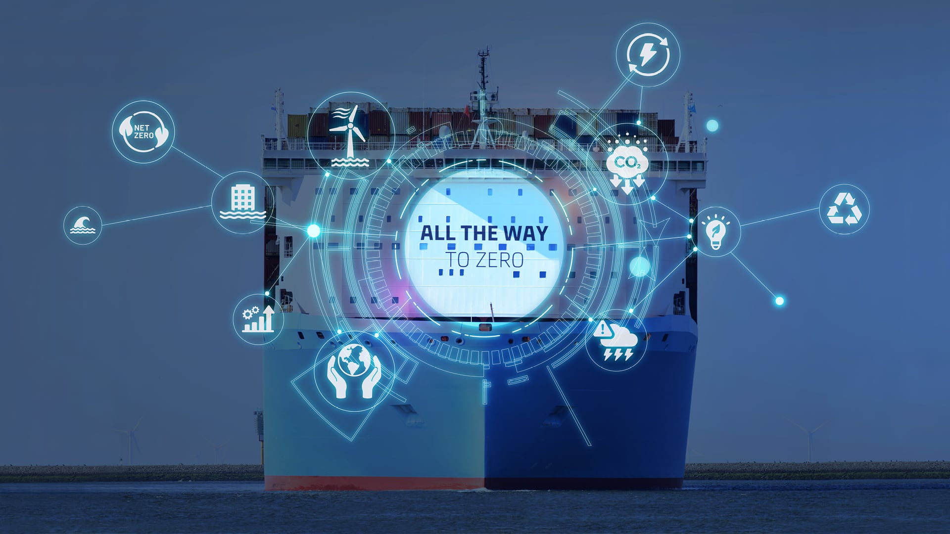 Large ship with "All the way to Zero" in the centre with sustainability overlay images