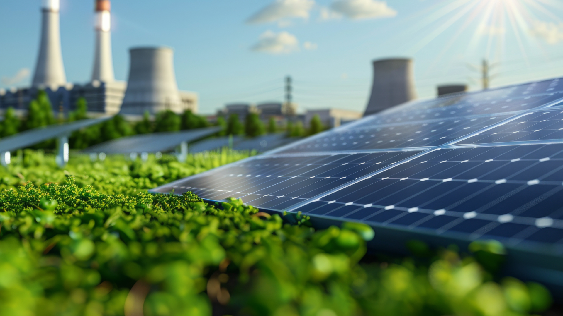 Solar panels in a green landscape with industrial cooling towers in the background, illustrating the shift from fossil energy to renewable power