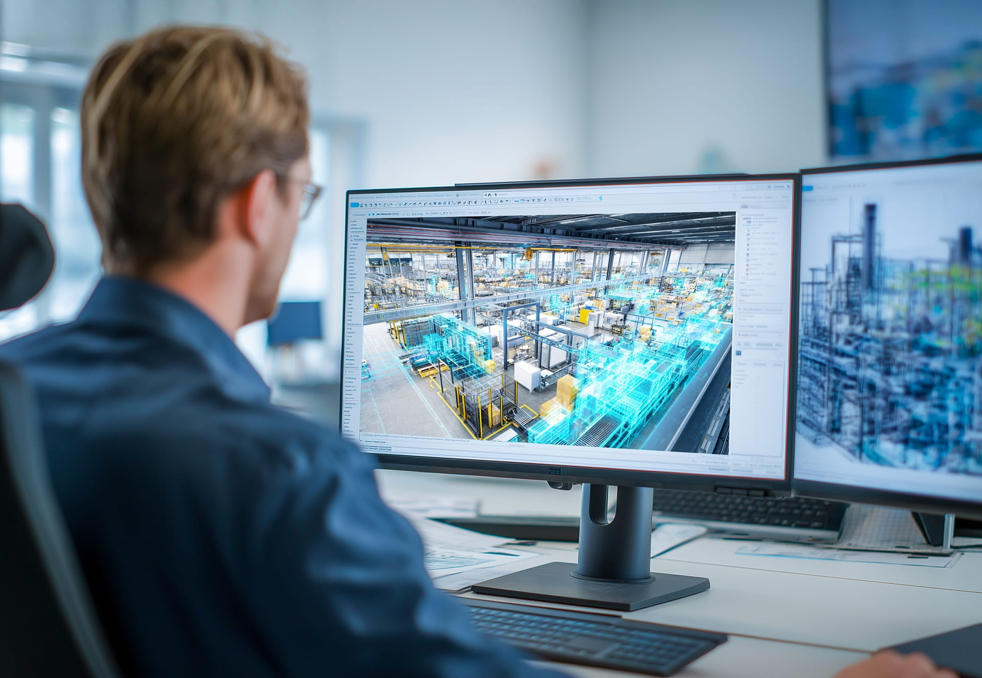 Engineer using digital twin software to visualise and simulate an industrial facility layout, improving coordination, planning, and project execution.