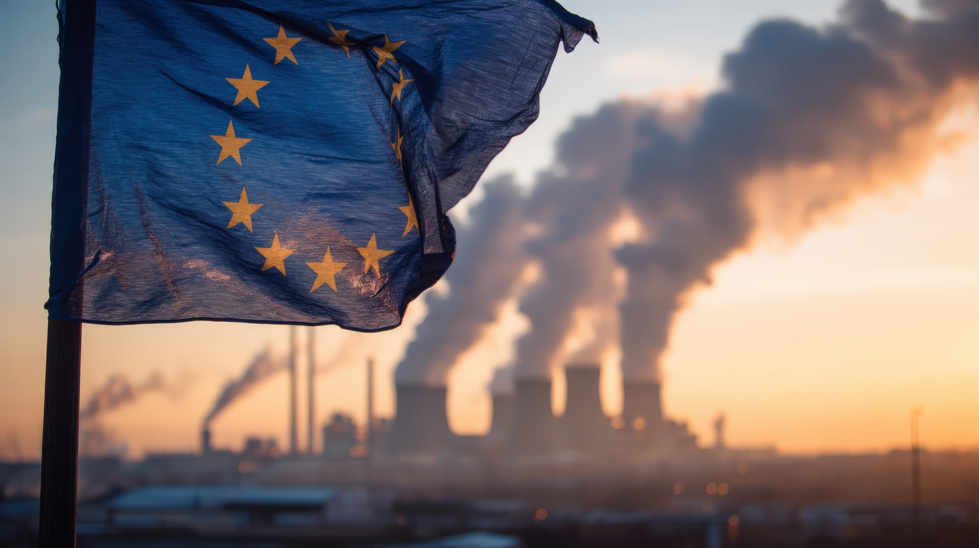 European Union flag waving in front of industrial chimneys emitting smoke at sunset, symbolising EU carbon regulation and climate policy.