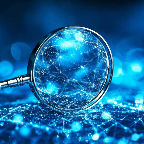 Magnifying glass looking at digital graphs