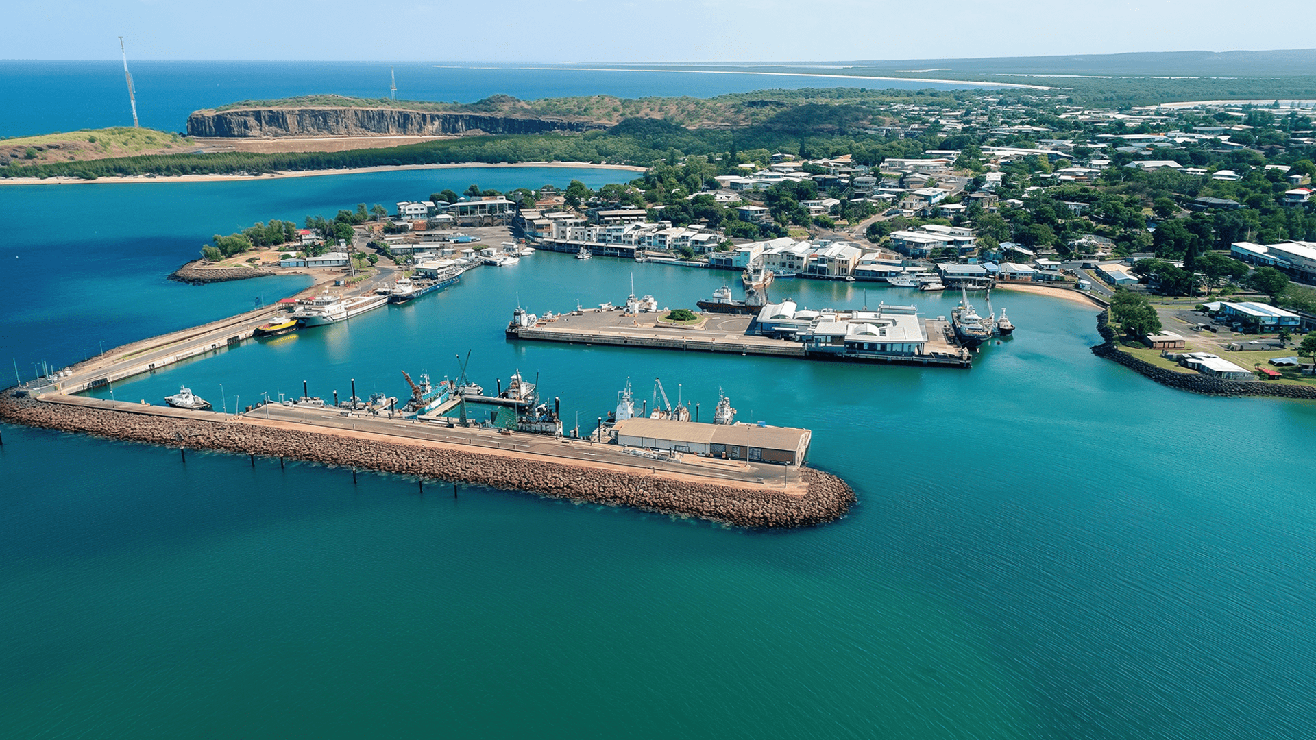 Aerial view of coastal town in Darwin