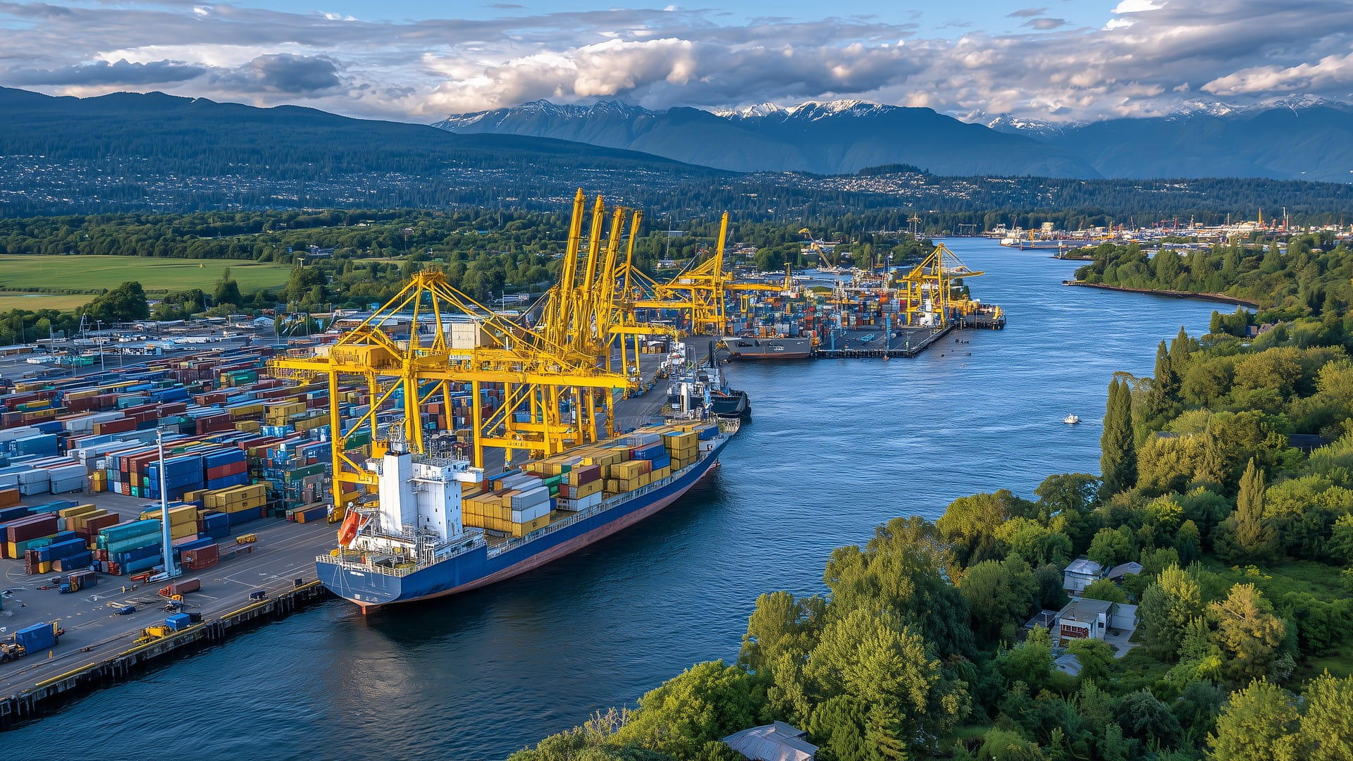 Industrial port with cargo ship next to vibrant green fields and tree clusters