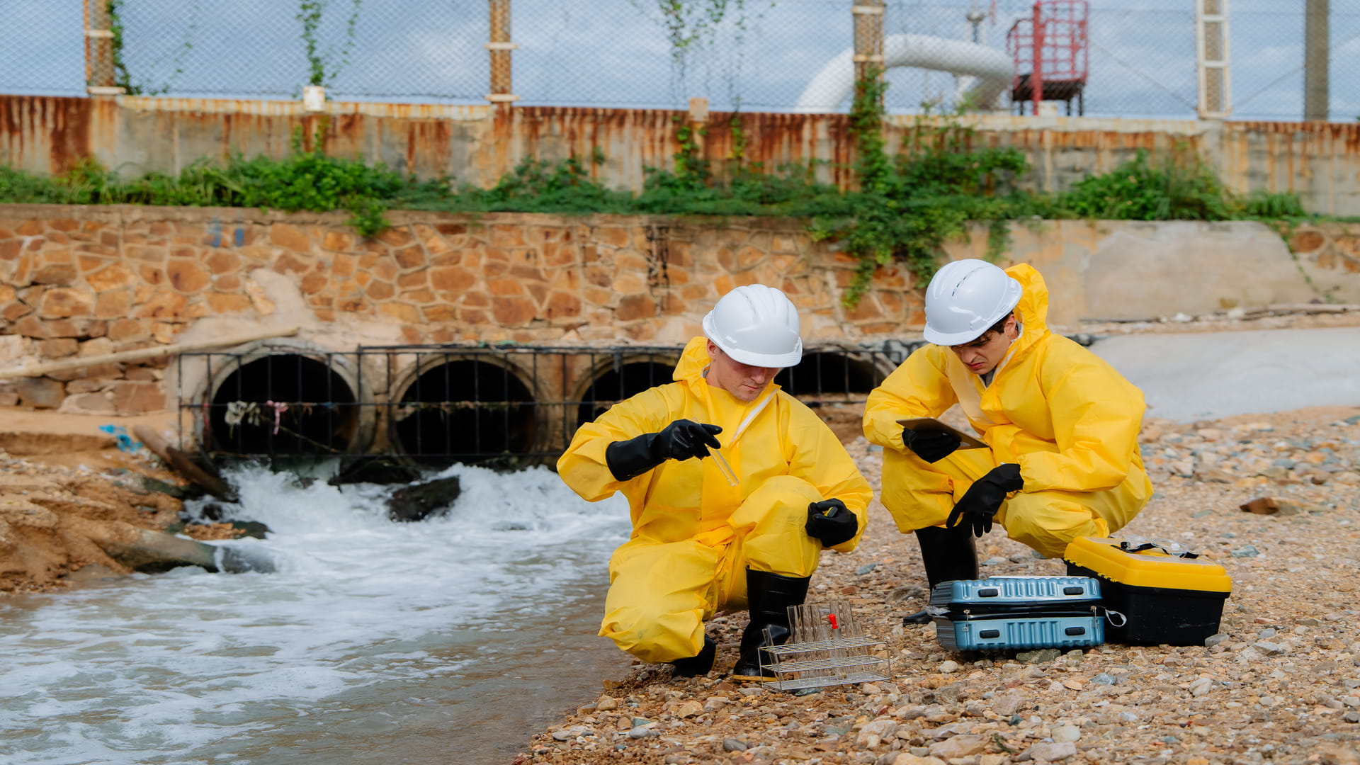 Environmental specialists wearing protective gear collect water samples near an industrial drainage outfall to assess PFAS contamination and the environmental impact of forever chemicals, supporting research on PFAS alternatives, PFAS regulations, and the upcoming PFAS ban.