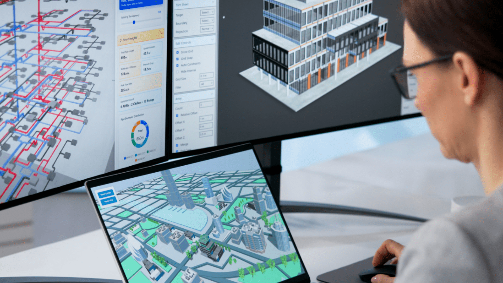 A woman analyses a digital twin