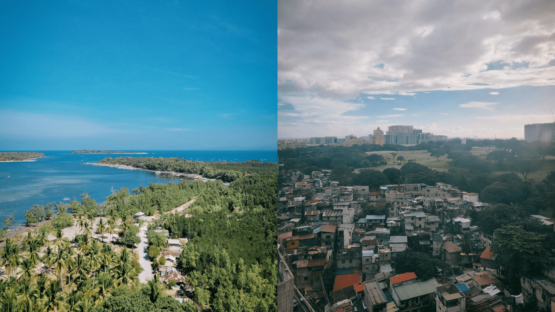 Split aerial view contrasting a clear blue tropical coastline with palm trees on the left and a dense urban settlement with crowded houses, greenery, and a city skyline under cloudy skies on the right.