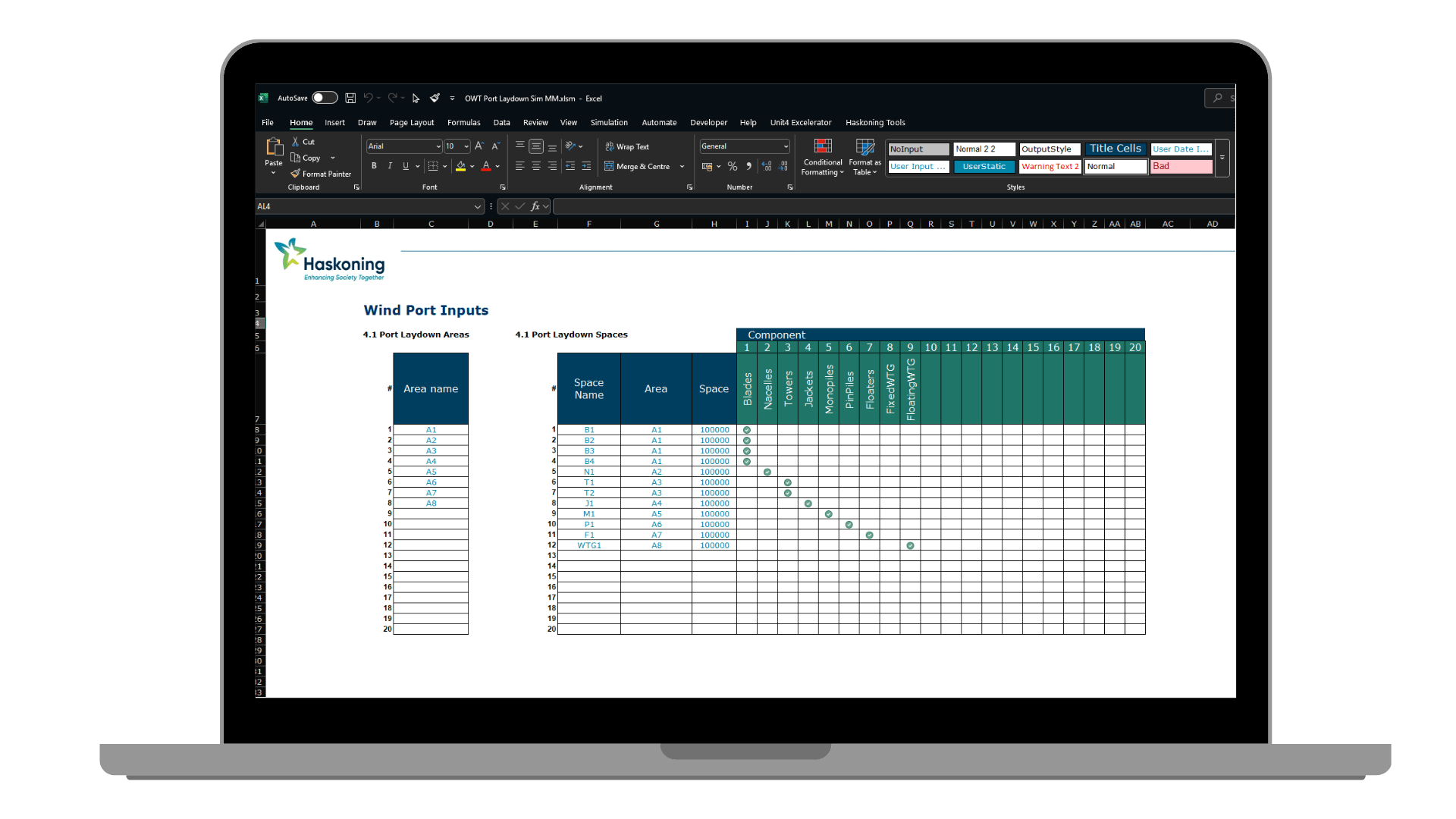 Data for a simulation model organised in an Excel interface