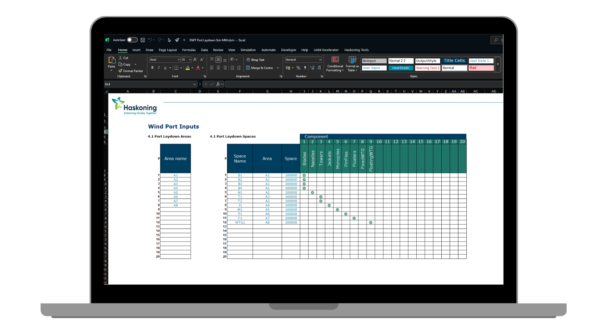 Data for a simulation model organised in an Excel interface
