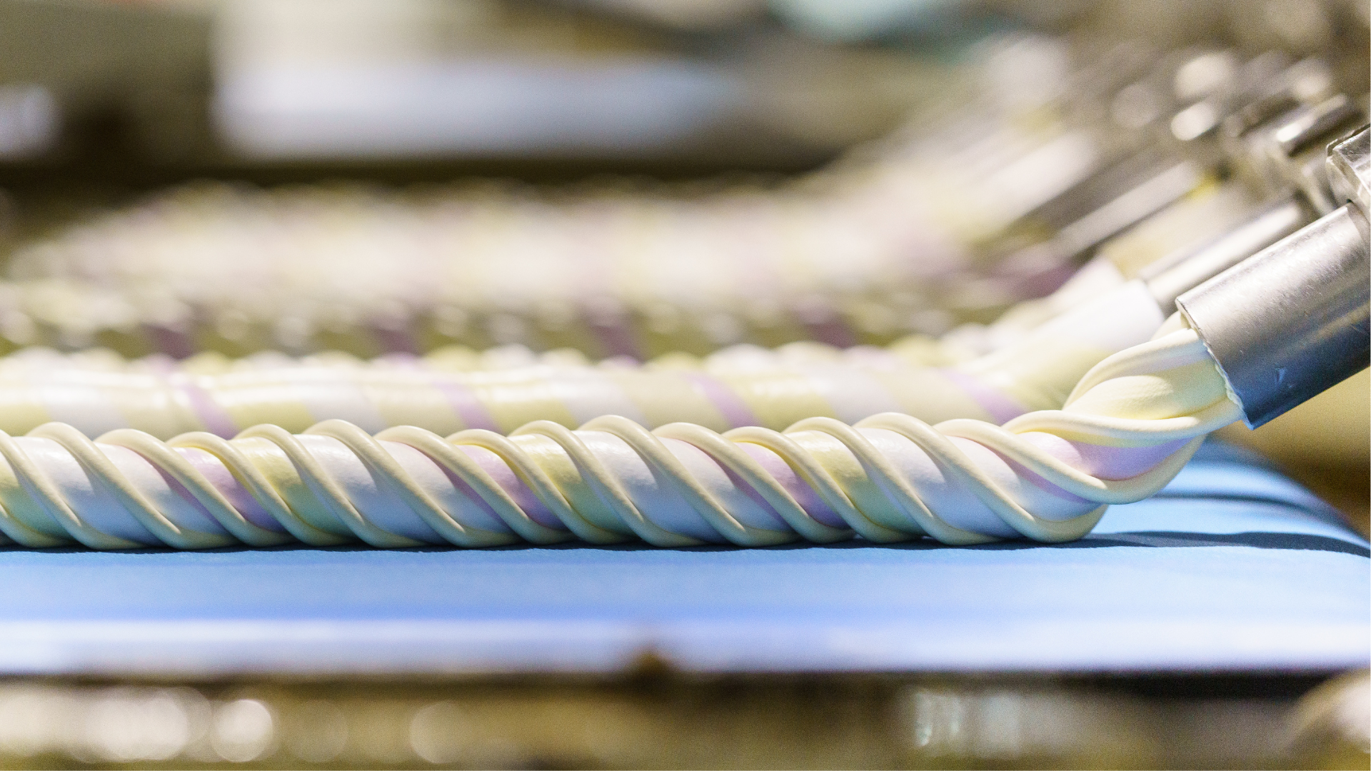 Close-up of Mr. Mallo marshmallow production, showing cream being applied in a twisted pattern on an automated food manufacturing line.