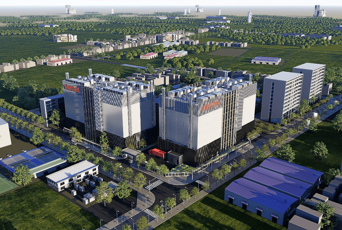 Aerial rendering of Viettel’s AI-ready Tier 3 data centre complex near Hanoi. The initial cooling-equipped building  within the landscaped urban campus has been designed by Haskoning and VNCC.