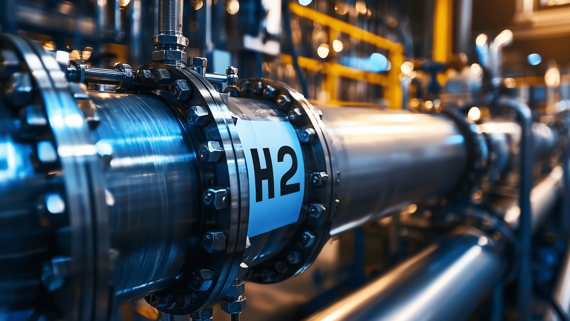 Tube of hydrogen marked with 'H2' inside a factory environment