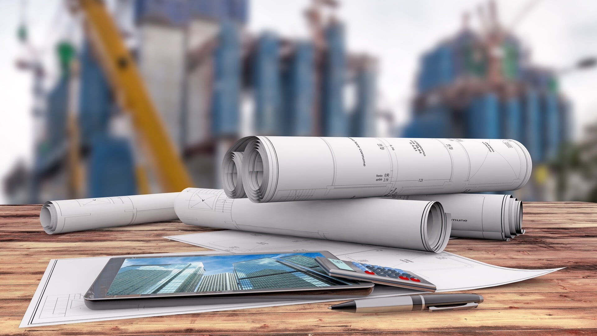 Rolled architectural blueprints, a tablet displaying a building design, and a pen laid out on a wooden table with a construction site blurred in the background.