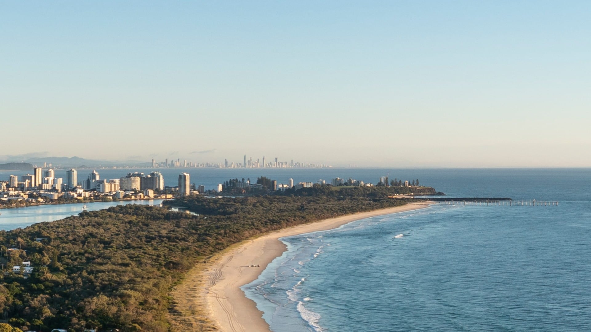 Aerial view of Tweed Shire coastline showing a long sandy beach flanked by lush greenery and the ocean, with a distant city skyline of high-rise buildings in the background, illustrating the contrast between natural and urban environments.