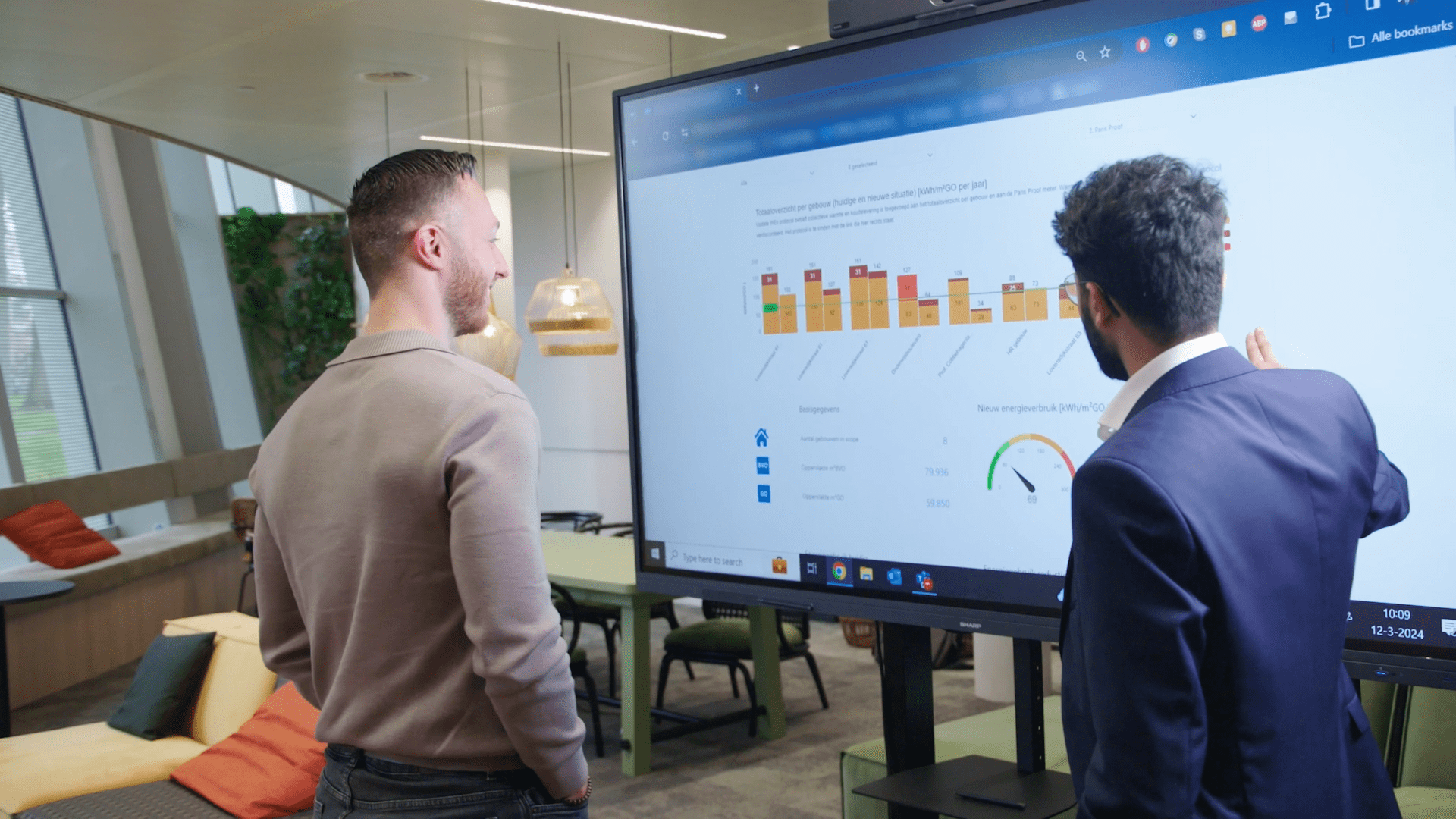 People with a display for sustainable real estate reviews