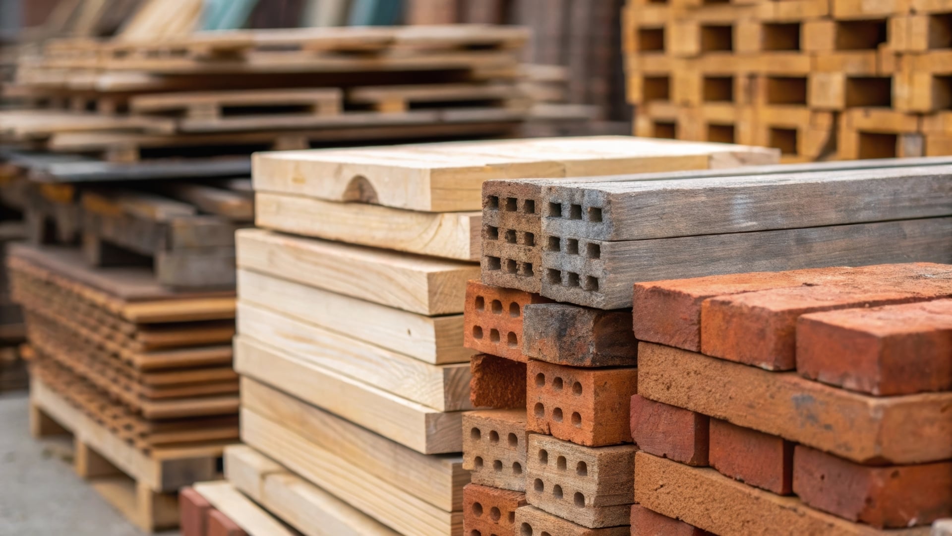 Reclaimed construction materials stacked for reuse