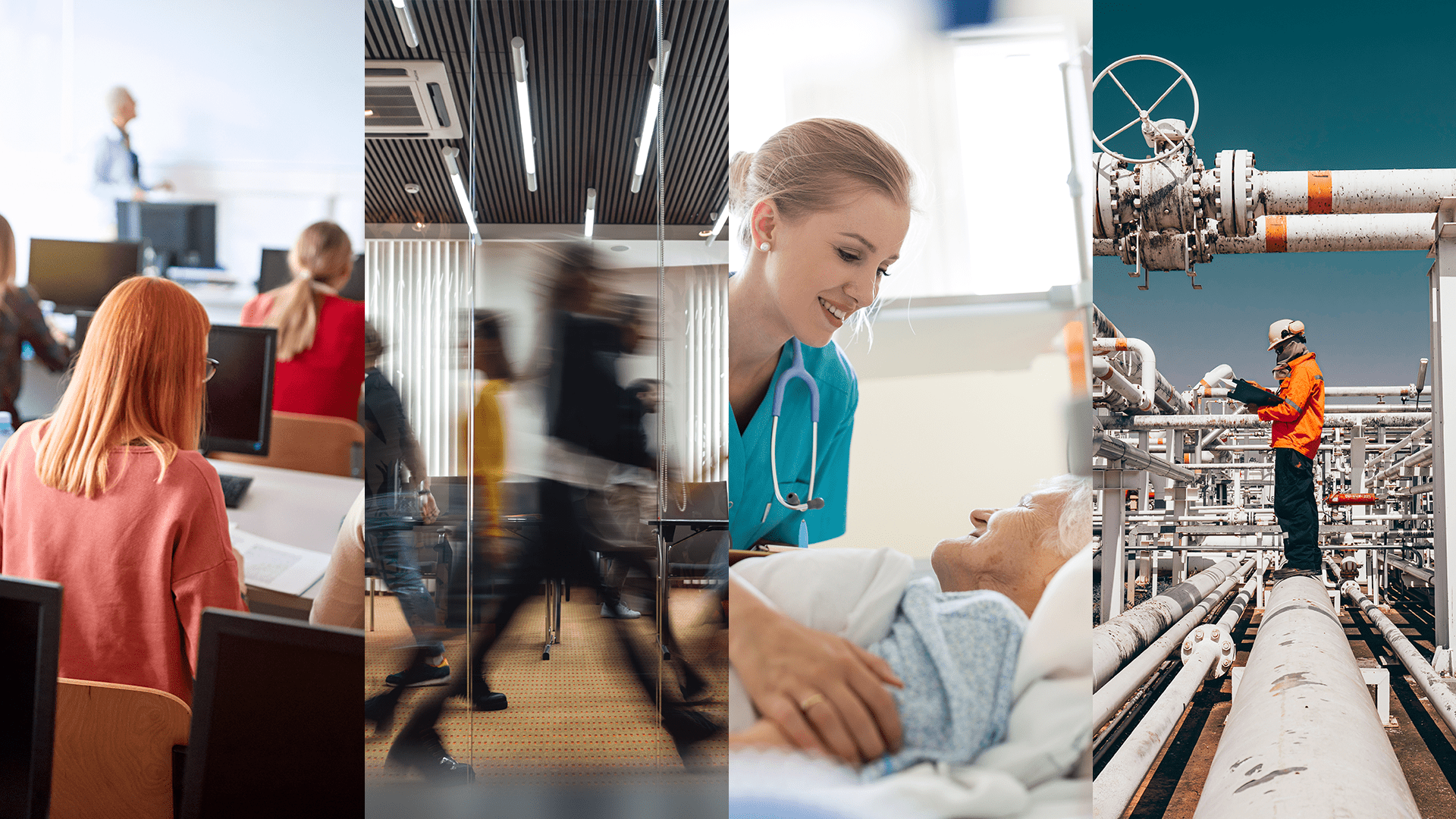 People in a university, office, hospital and industrial site