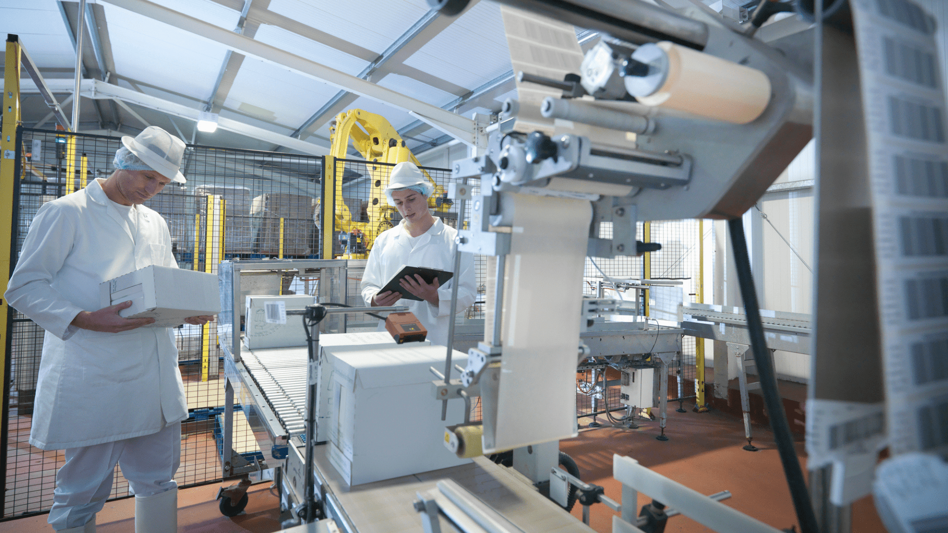 Integrated industrial project delivery in automated packaging facility with engineers inspecting production line, demonstrating EPCM execution, process engineering and efficient management of industrial capital projects