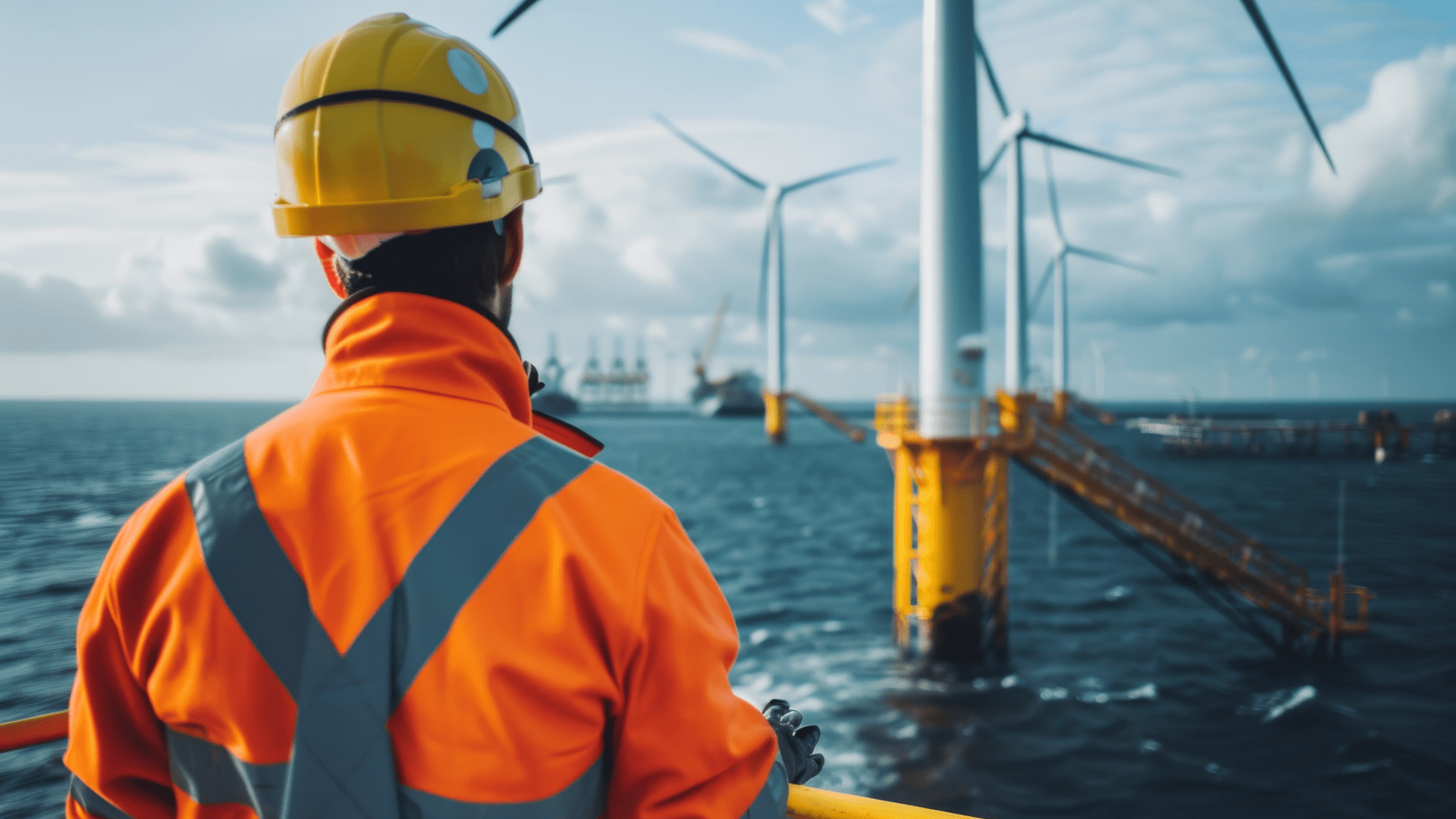 A worker observing offshore wind turbines